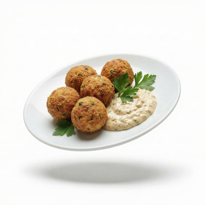 A plate of fresh crab cakes with remoulade sauce, floating in mid-air at a slight angle