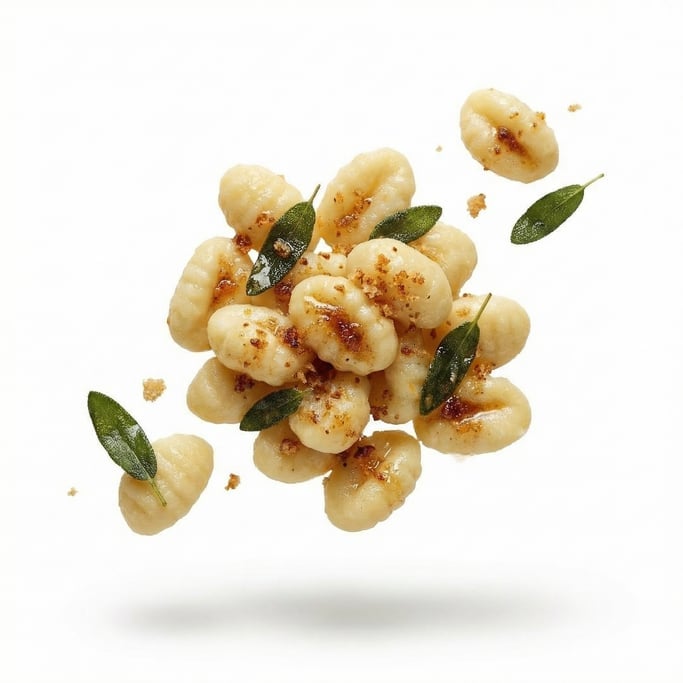 A plate of fresh gnocchi with brown butter and sage, floating in mid-air