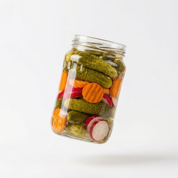A jar of pickled vegetables — cucumbers, carrots, and radishes