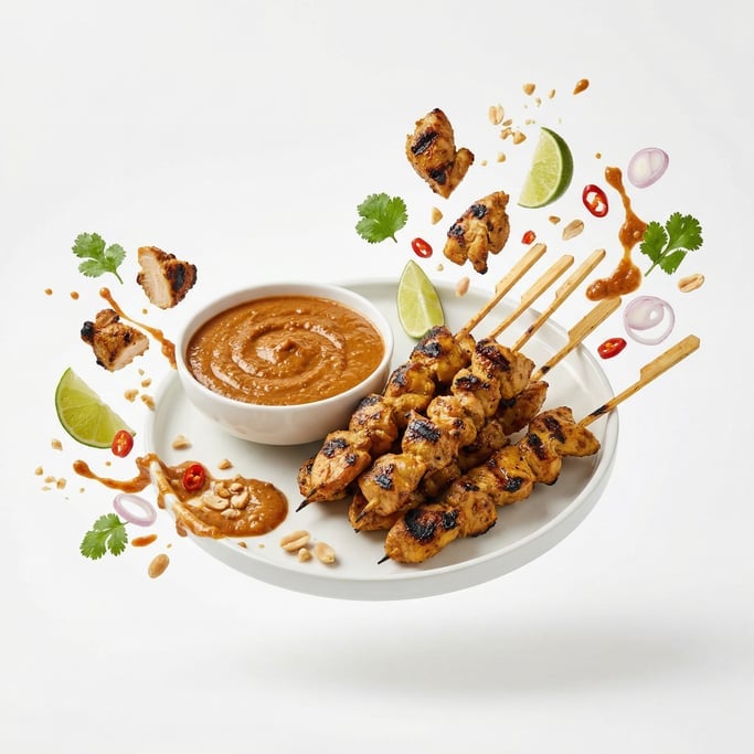 A plate of chicken satay skewers with peanut sauce