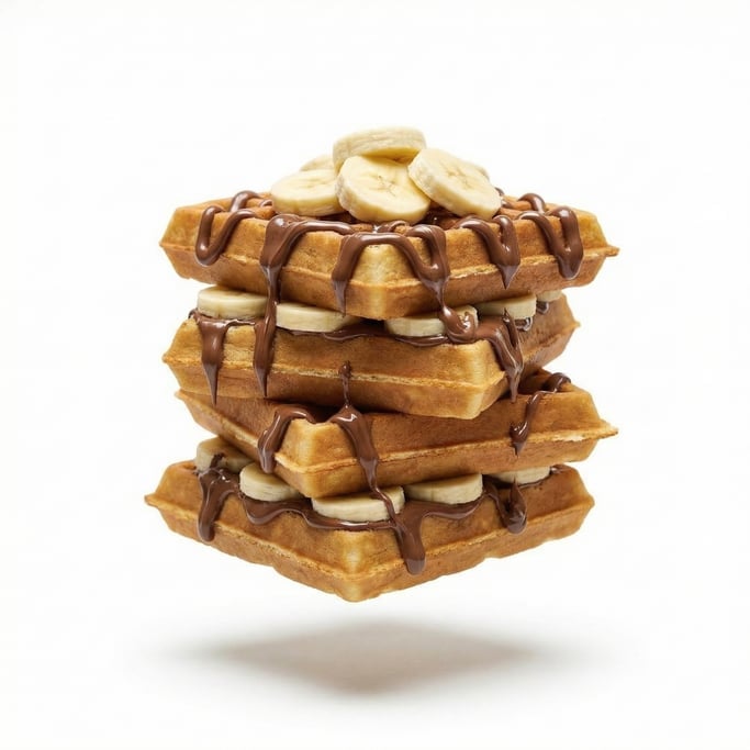 A stack of Belgian waffles with Nutella and sliced bananas, floating in mid-air
