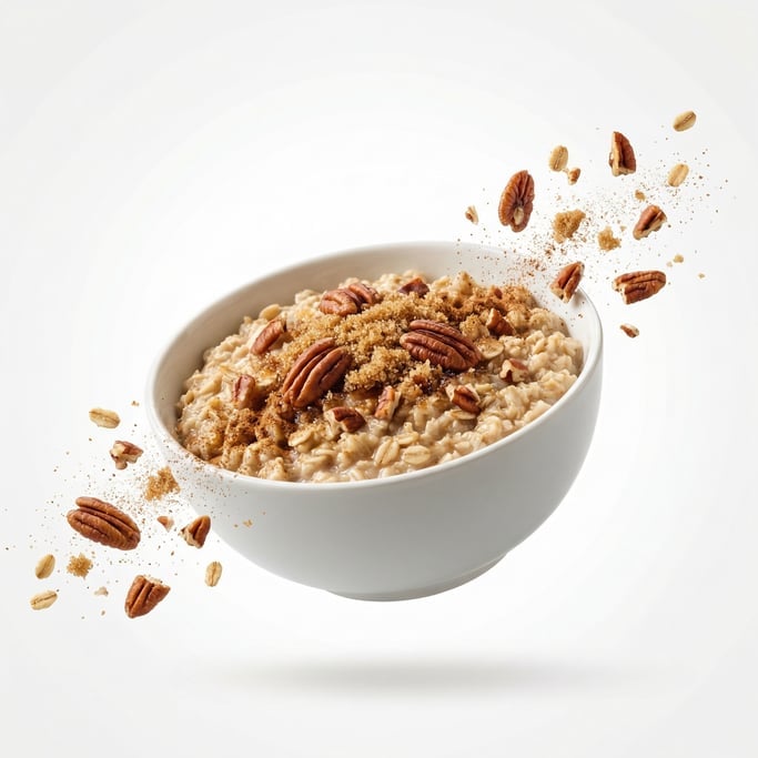 A bowl of oatmeal with brown sugar, pecans, and cinnamon, floating in mid-air