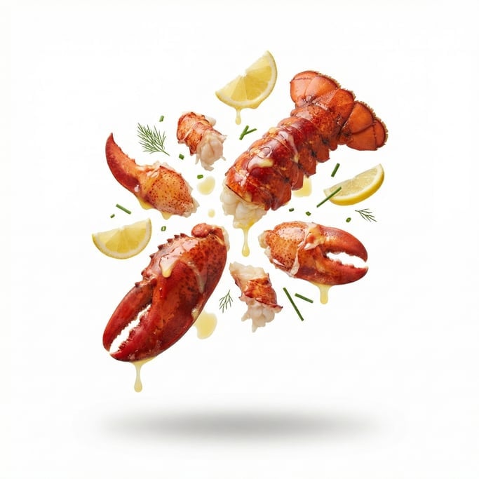 Fresh steamed lobster with melted butter and lemon, floating in mid-air