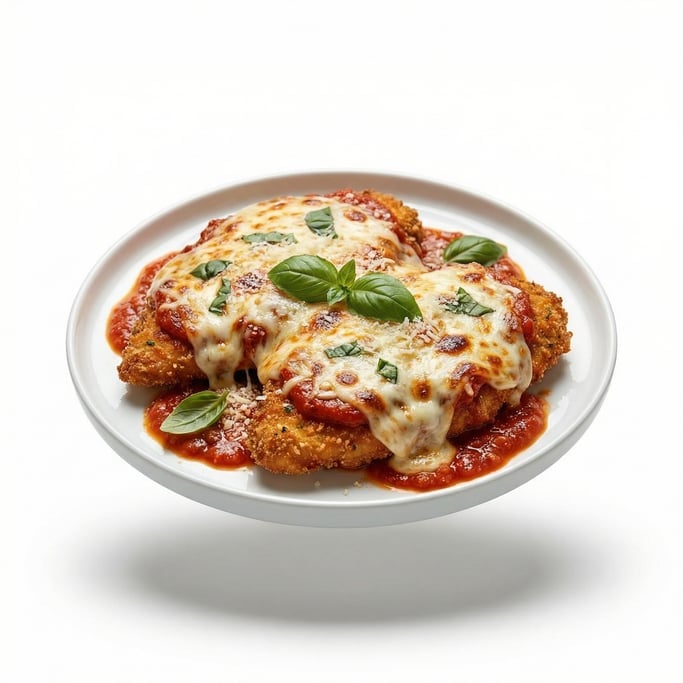 A plate of chicken parmesan with melted mozzarella and marinara