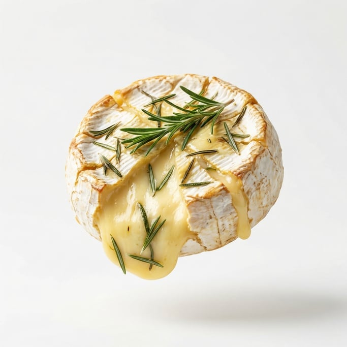 A whole wheel of Camembert baked until gooey with rosemary
