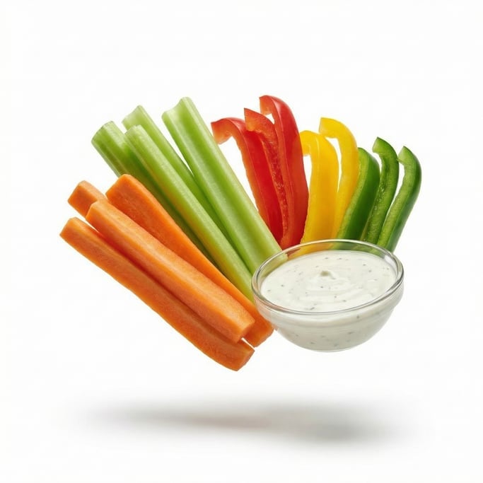 A plate of fresh crudités — carrots, celery, peppers, and ranch dip