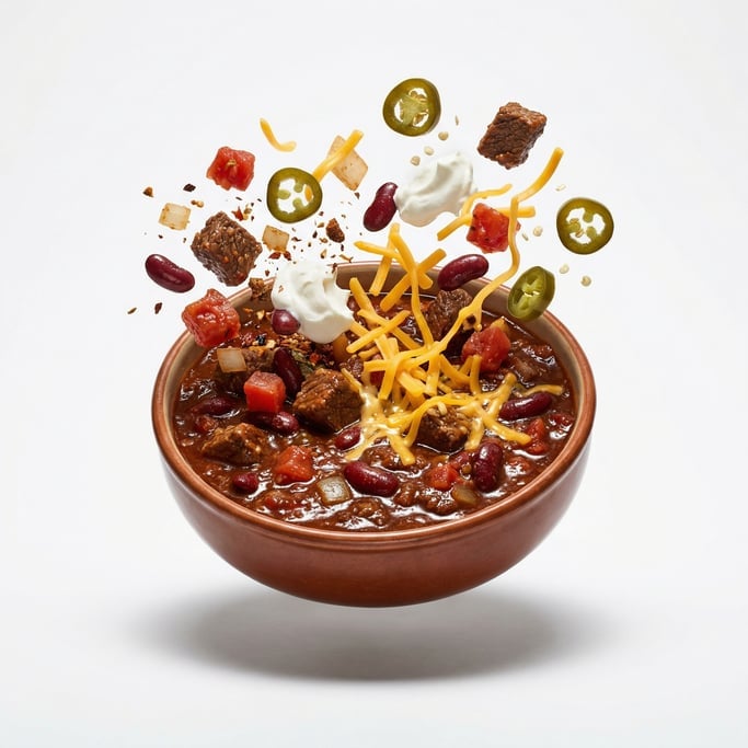 A bowl of chili con carne topped with cheddar, sour cream, and jalapeños