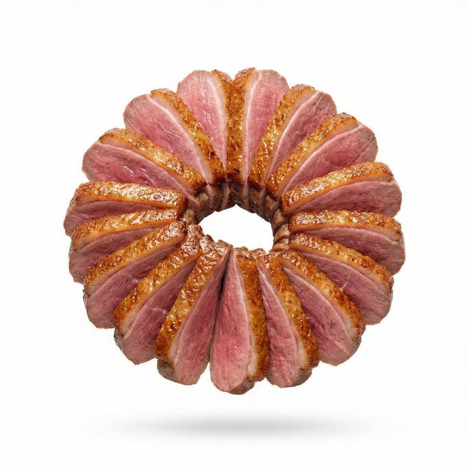 A plate of seared duck breast sliced thin showing pink interior, floating in mid-air