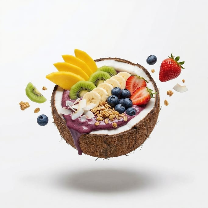 A fresh açaí bowl in a coconut shell with tropical fruit toppings, floating in mid-air