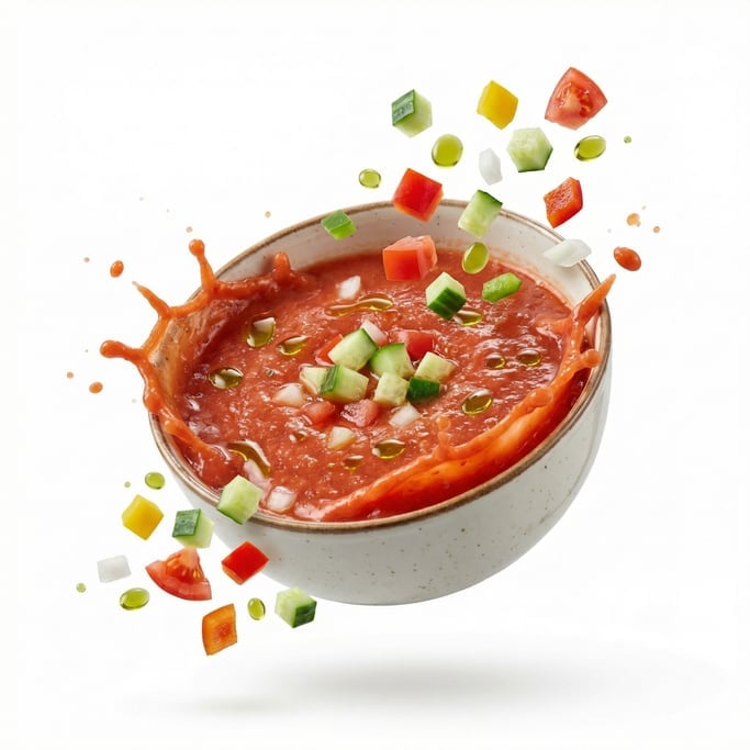 A bowl of cold gazpacho soup with diced vegetables and olive oil, floating in mid-air
