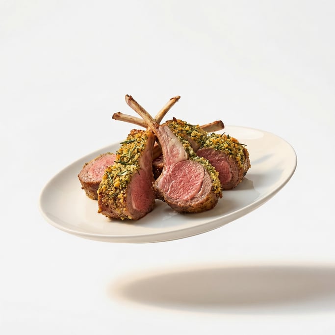 A plate of lamb chops with a herb crust showing pink center, floating in mid-air
