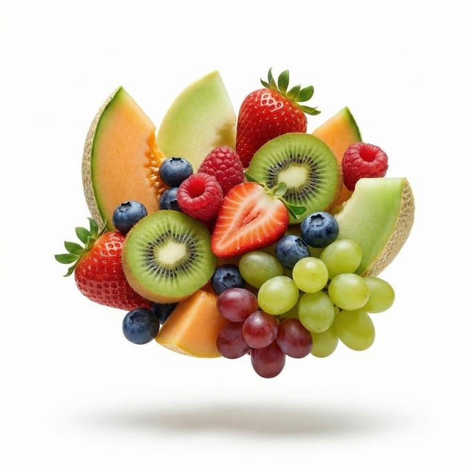 A fresh fruit platter with melon, berries, kiwi, and grapes, floating in mid-air in a tight cluster