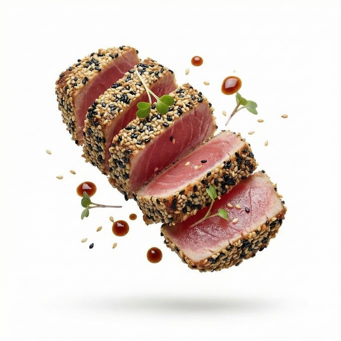 A plate of fresh tuna tataki with sesame crust and ponzu