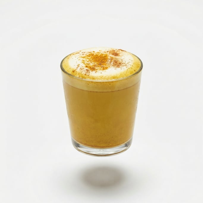 A glass of golden turmeric latte with frothy milk, floating in mid-air