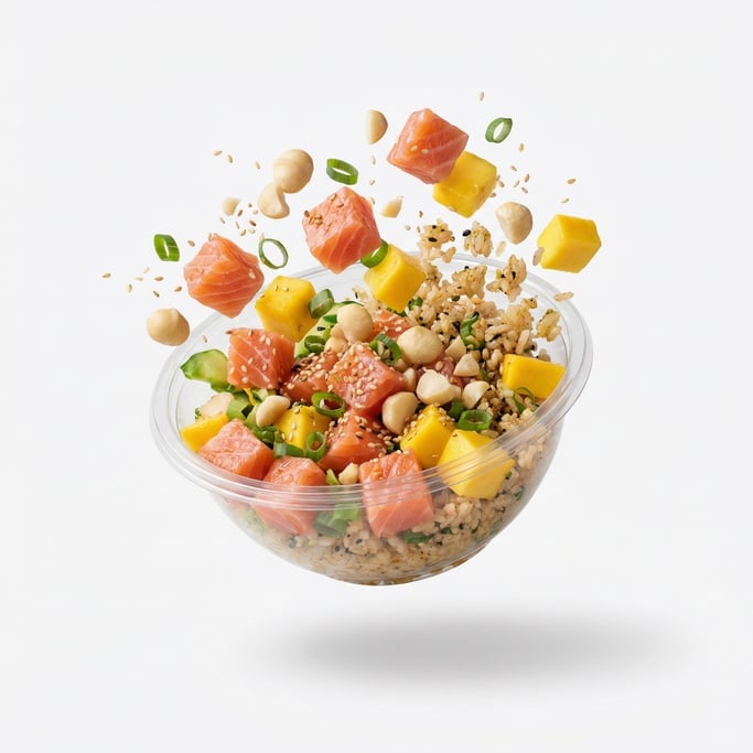 A bowl of fresh poke with salmon, mango, and macadamia nuts