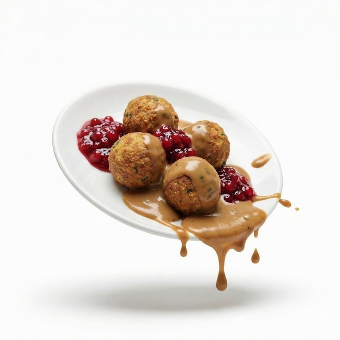 A plate of Swedish meatballs with lingonberry sauce and cream gravy, floating in mid-air