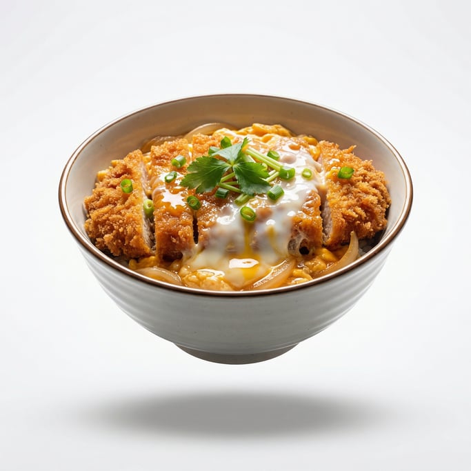 A bowl of Japanese katsudon — breaded pork cutlet over rice with egg, floating in mid-air