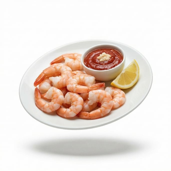 A plate of fresh shrimp cocktail with cocktail sauce and lemon