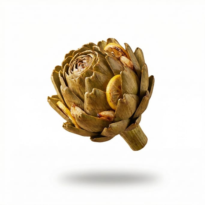 A whole artichoke roasted with garlic and lemon, leaves fanned open