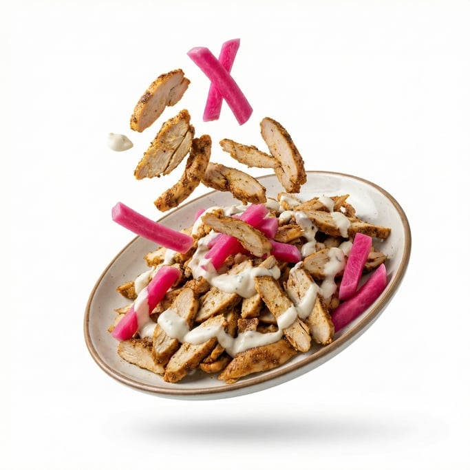 A plate of chicken shawarma with garlic sauce and pickled turnips, floating in mid-air