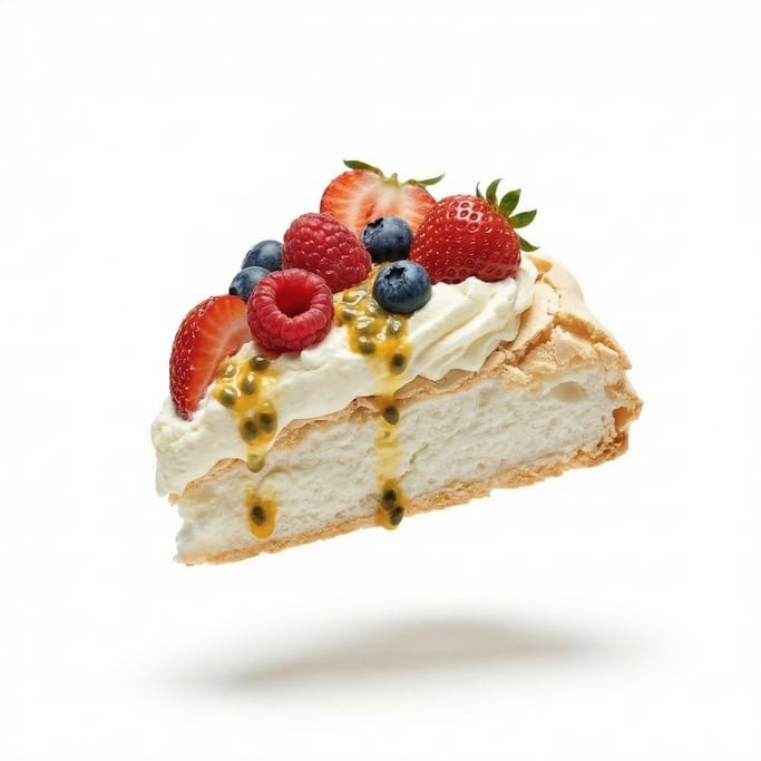 A slice of pavlova topped with fresh berries and passion fruit