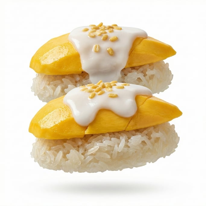 A bowl of Thai mango sticky rice with coconut cream