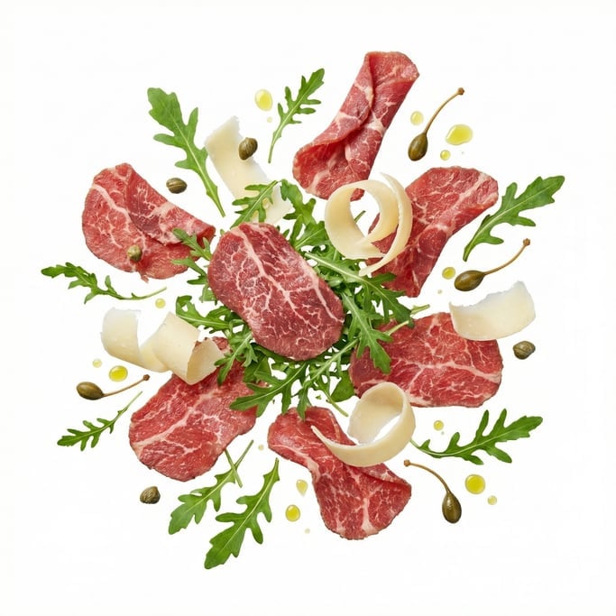 A plate of fresh beef carpaccio with arugula and parmesan shavings