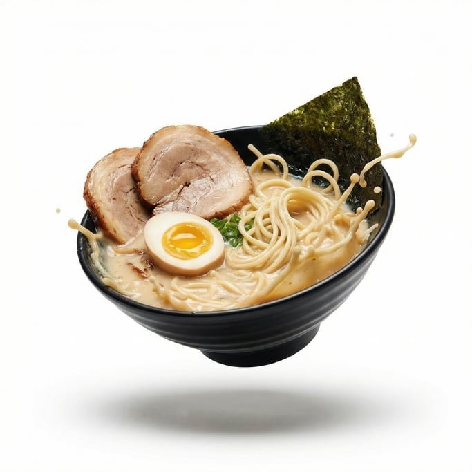 A bowl of Japanese ramen with rich tonkotsu broth, soft egg, and nori, floating in mid-air