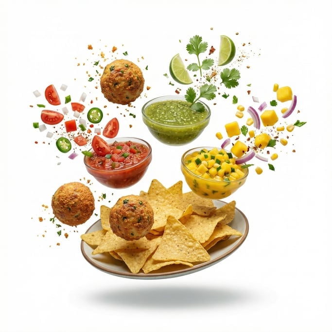 A plate of fresh corn tortilla chips with three salsas — red, green, and mango