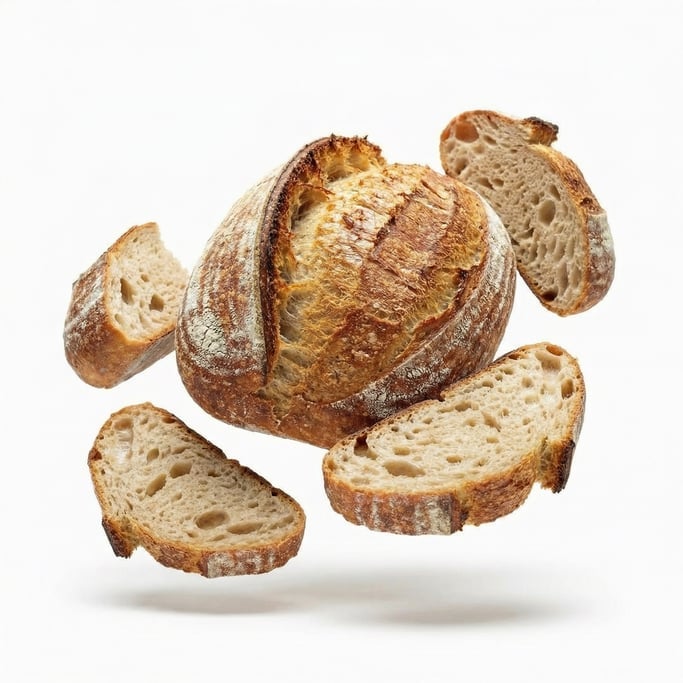 A whole sourdough bread loaf scored beautifully with a crispy ear, floating in mid-air