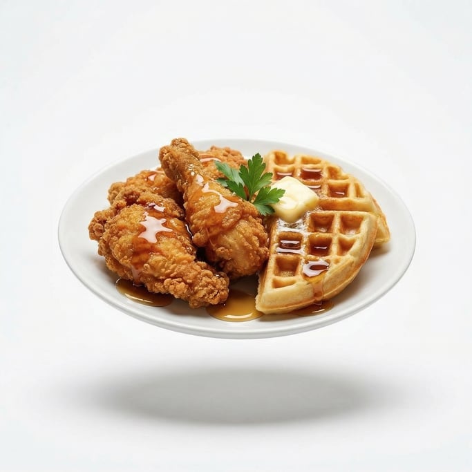 A plate of chicken and waffles with maple syrup drizzle, floating in mid-air at a slight angle
