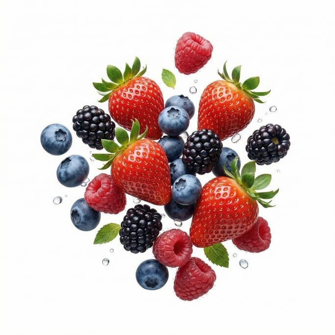 A bowl of mixed berries — strawberries, blueberries, blackberries, and raspberries