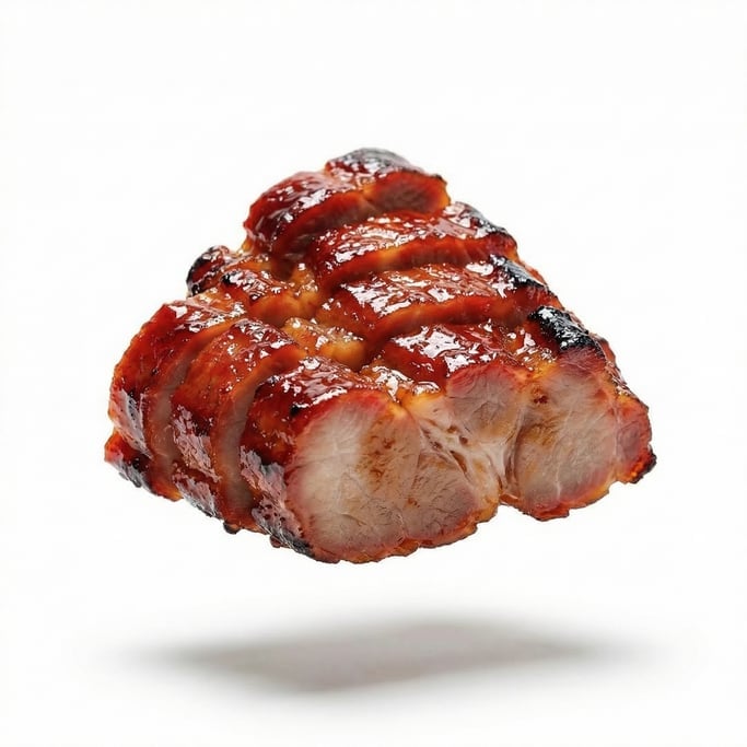 A plate of char siu Chinese BBQ pork with glossy red glaze