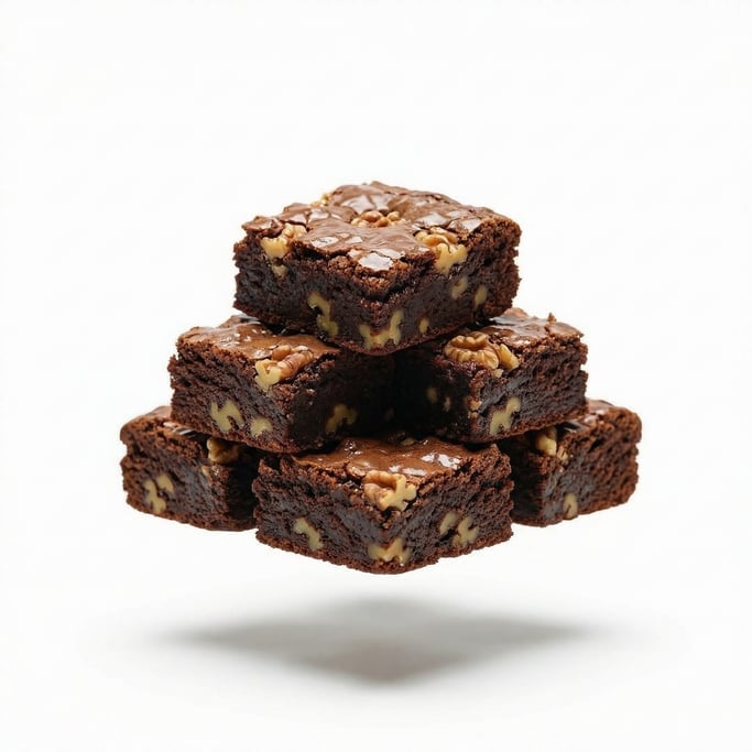 A stack of freshly baked chocolate brownies with walnuts, floating in mid-air