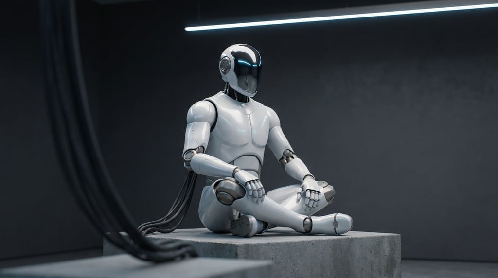 A humanoid robot with pearl-white ceramic plating sits cross-legged on a concrete plinth in an empty