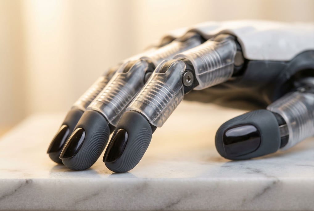 Close-up of a robotic hand with glossy black fingernails and translucent polycarbonate knuckle housi
