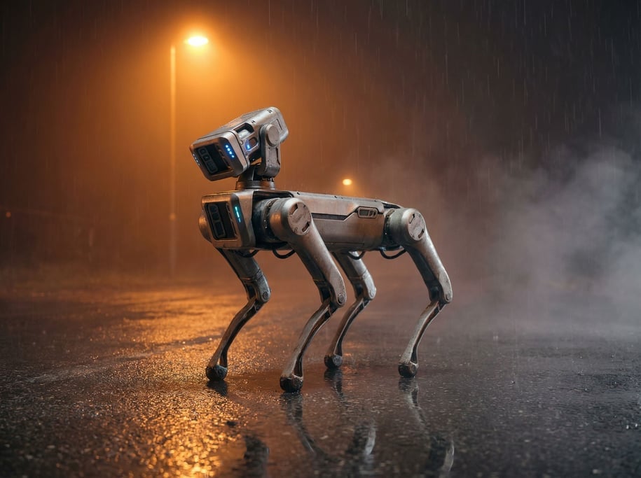A matte titanium quadruped robot dog stands alert on wet asphalt in light rain