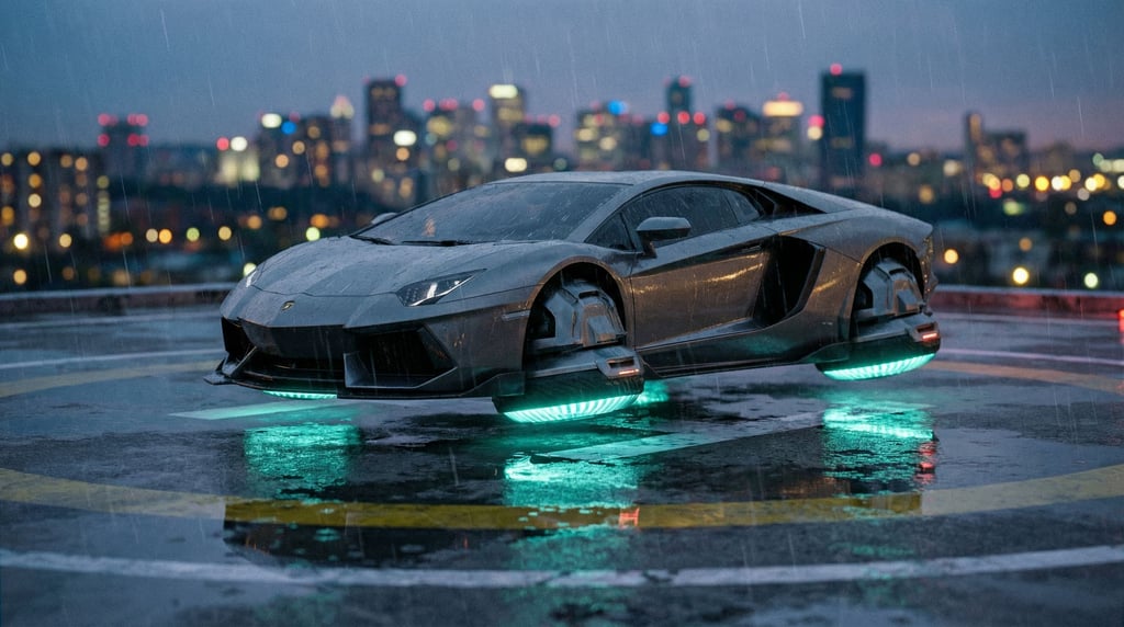 A sleek hover vehicle in gunmetal grey is parked on a rain-slicked rooftop helipad at dusk