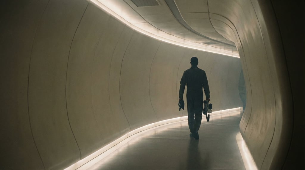Interior of a spacecraft corridor with soft recessed lighting along the floor and ceiling