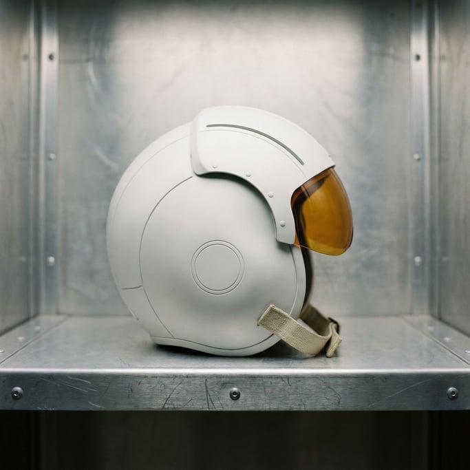 A matte white flight helmet with a narrow amber visor sits on a brushed aluminum shelf