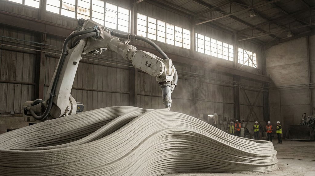A massive industrial 3D printer arm deposits layers of pale concrete in a cavernous hangar