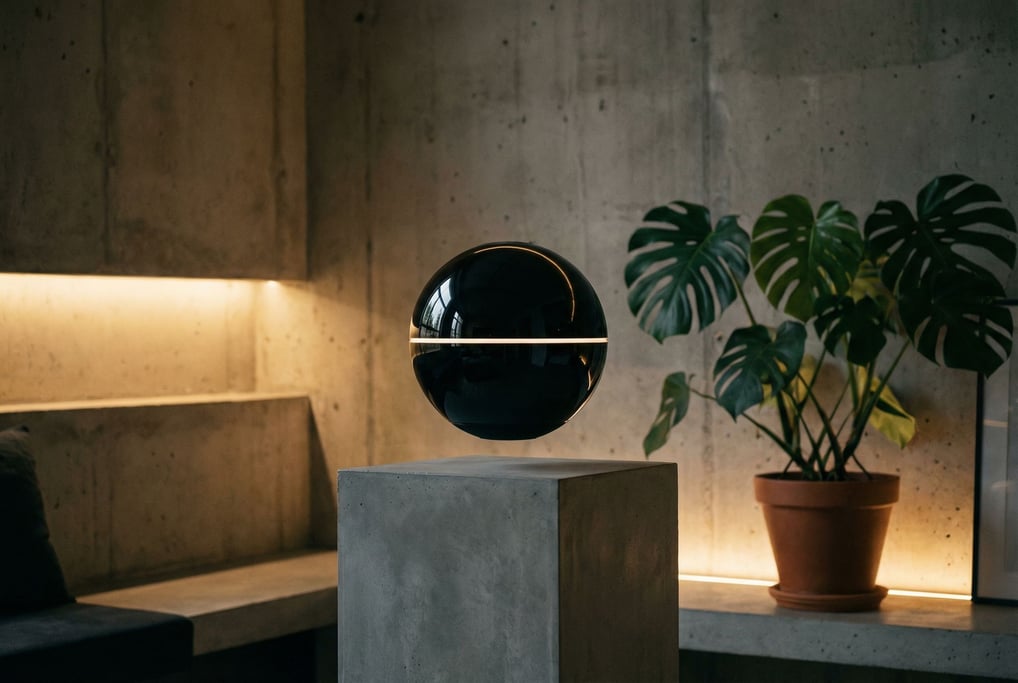 A levitating speaker orb in glossy black hovers above a concrete pedestal in a dim apartment