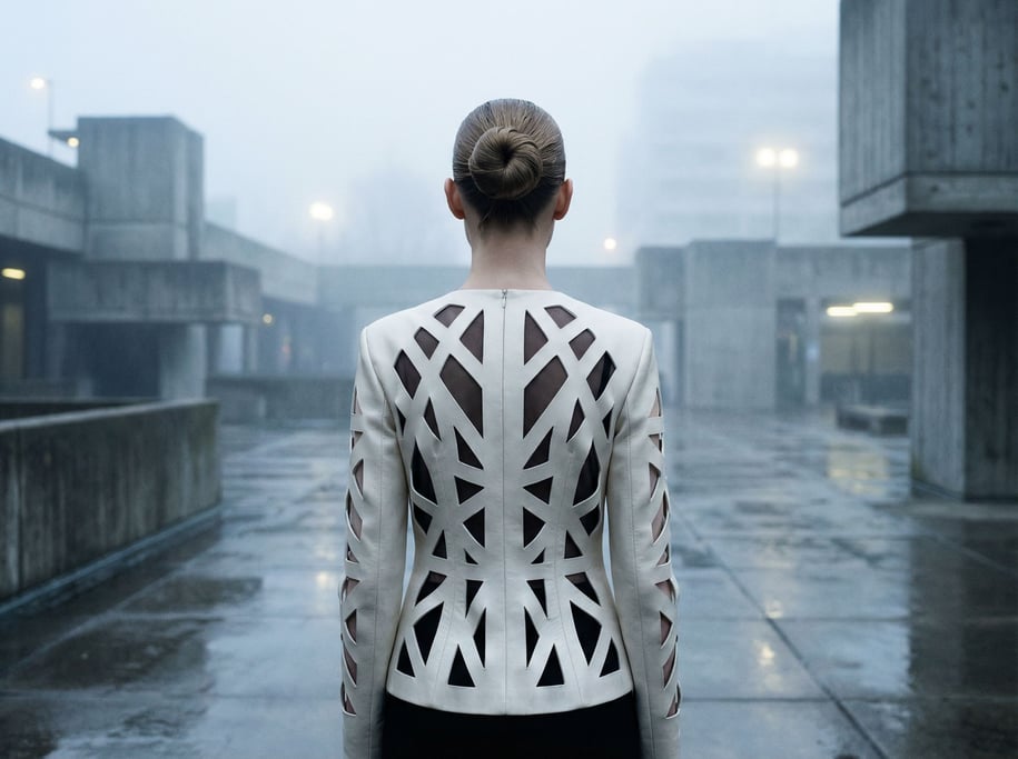 A model seen from behind wears a structured pearl-white jacket with geometric cutouts revealing a da