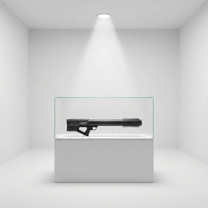 A compact railgun displayed on a museum-style white plinth under a glass case