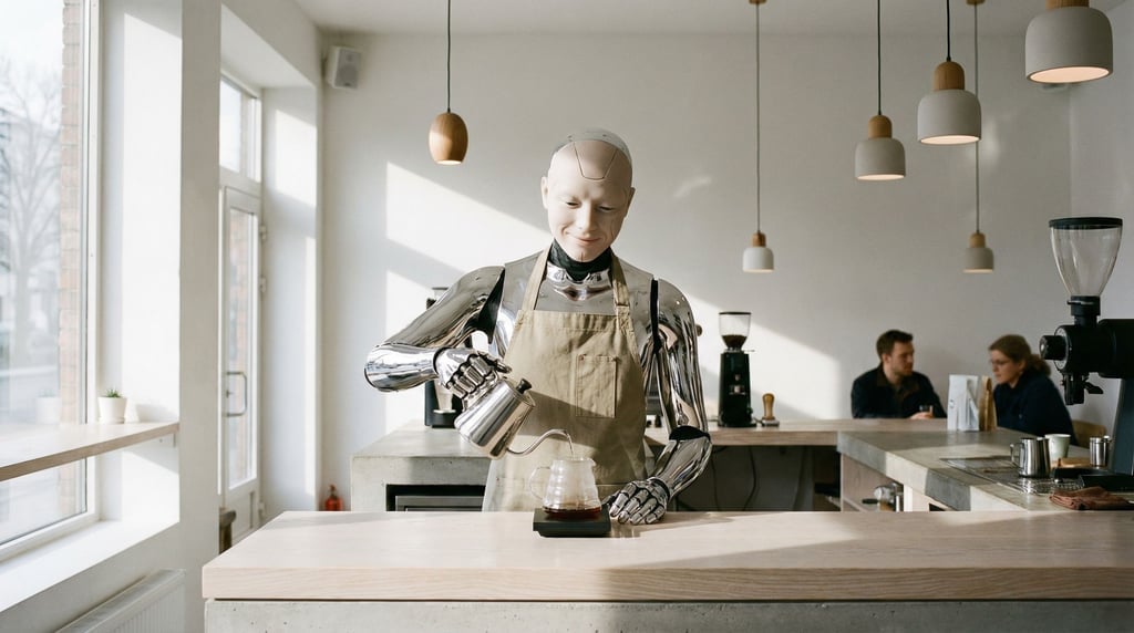 An android barista with chrome arms and a soft silicone face stands behind a minimalist coffee count