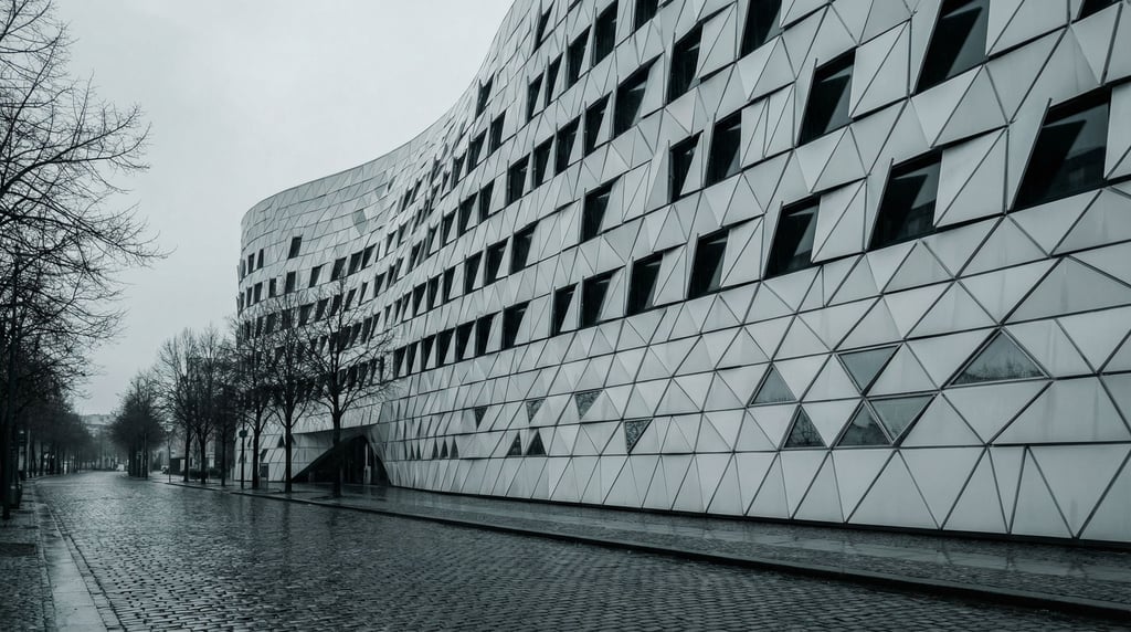 A kinetic building facade made of thousands of small white triangular panels