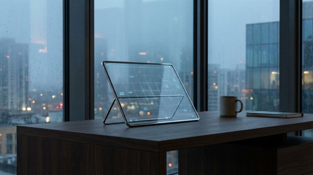 A transparent tablet with a thin chrome frame is propped on a desk