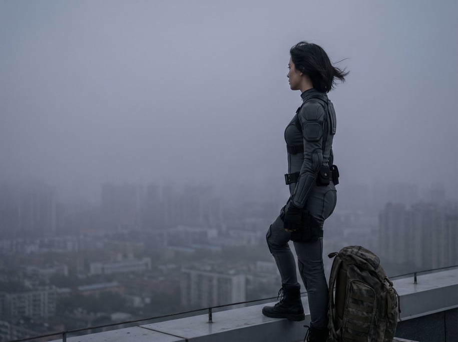 A figure in profile wearing a slim-fit tactical suit in charcoal with subtle armor plating at the sh