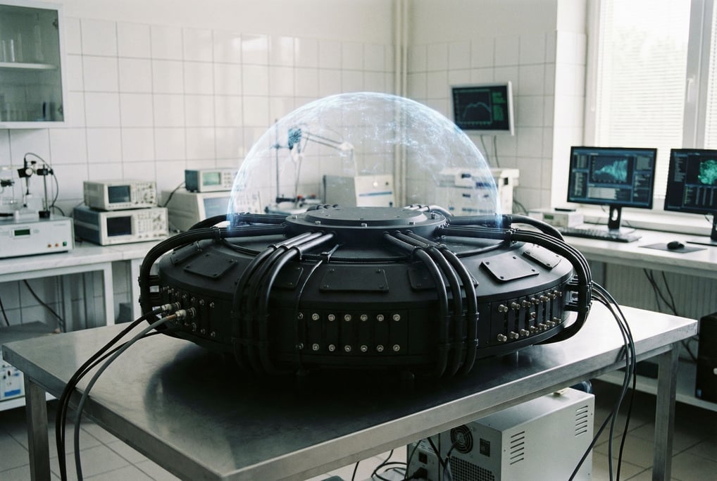 An energy shield generator sits on a test bench — a disc-shaped device in matte black with a faint b