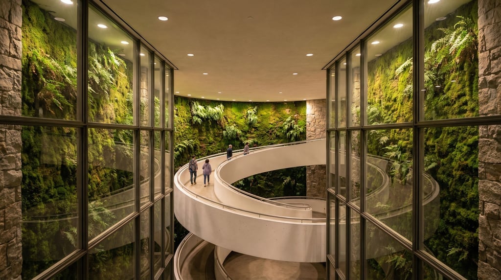 An underground atrium with walls of living moss behind glass panels
